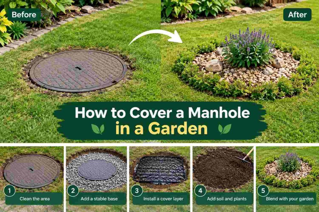 Before-and-after garden manhole cover ideas showing a decorative gravel border, plants and landscaping to blend the manhole into the garden while keeping it accessible.