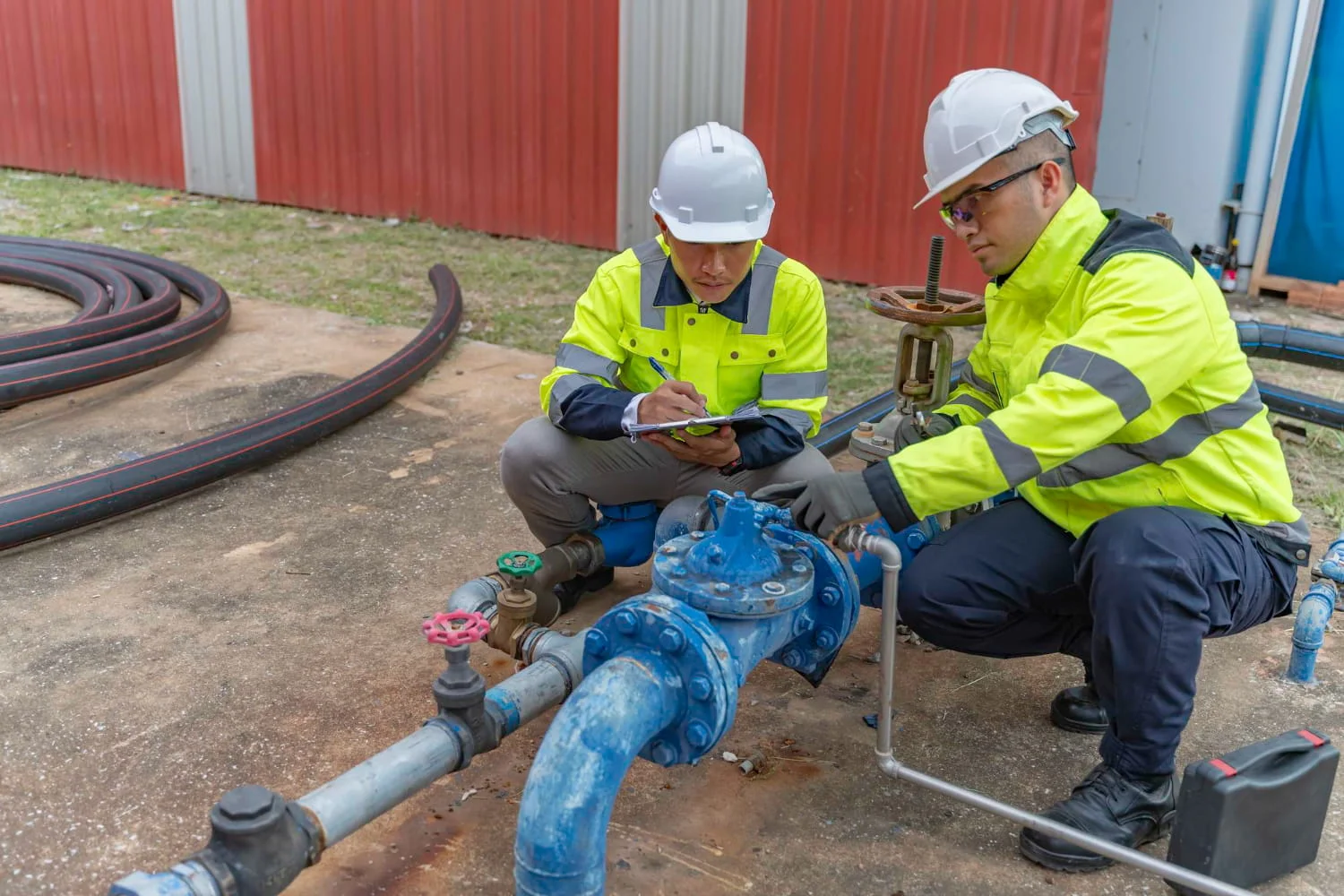 Two men wearing safety vests examining a pipe, discussing its condition and maintenance.