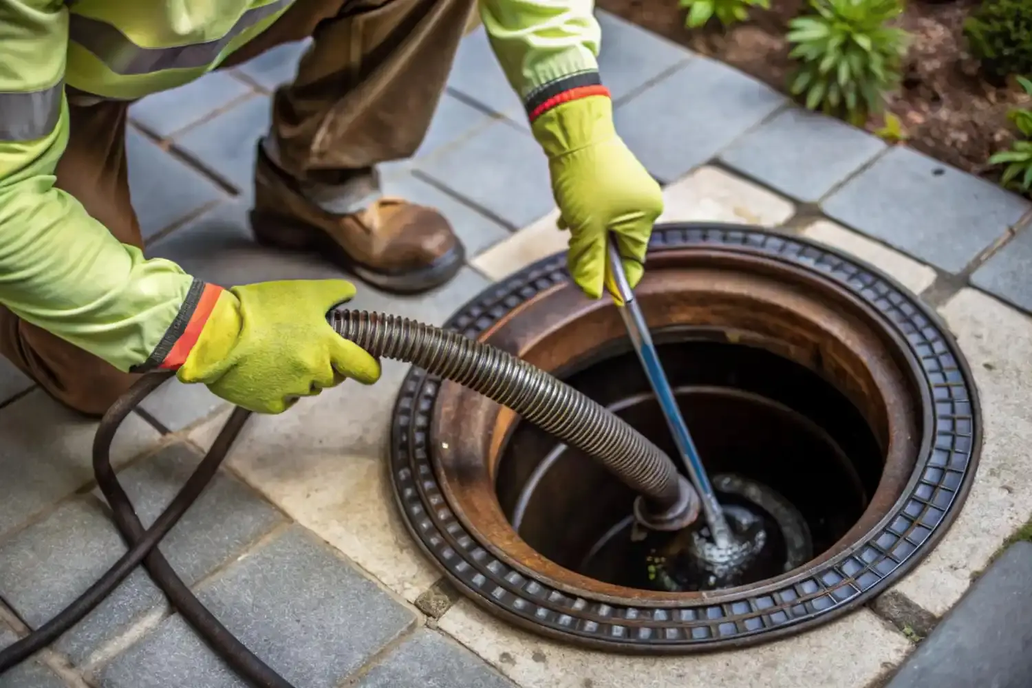 A worker wearing gloves uses equipment to clean or inspect a manhole on a paved outdoor surface.