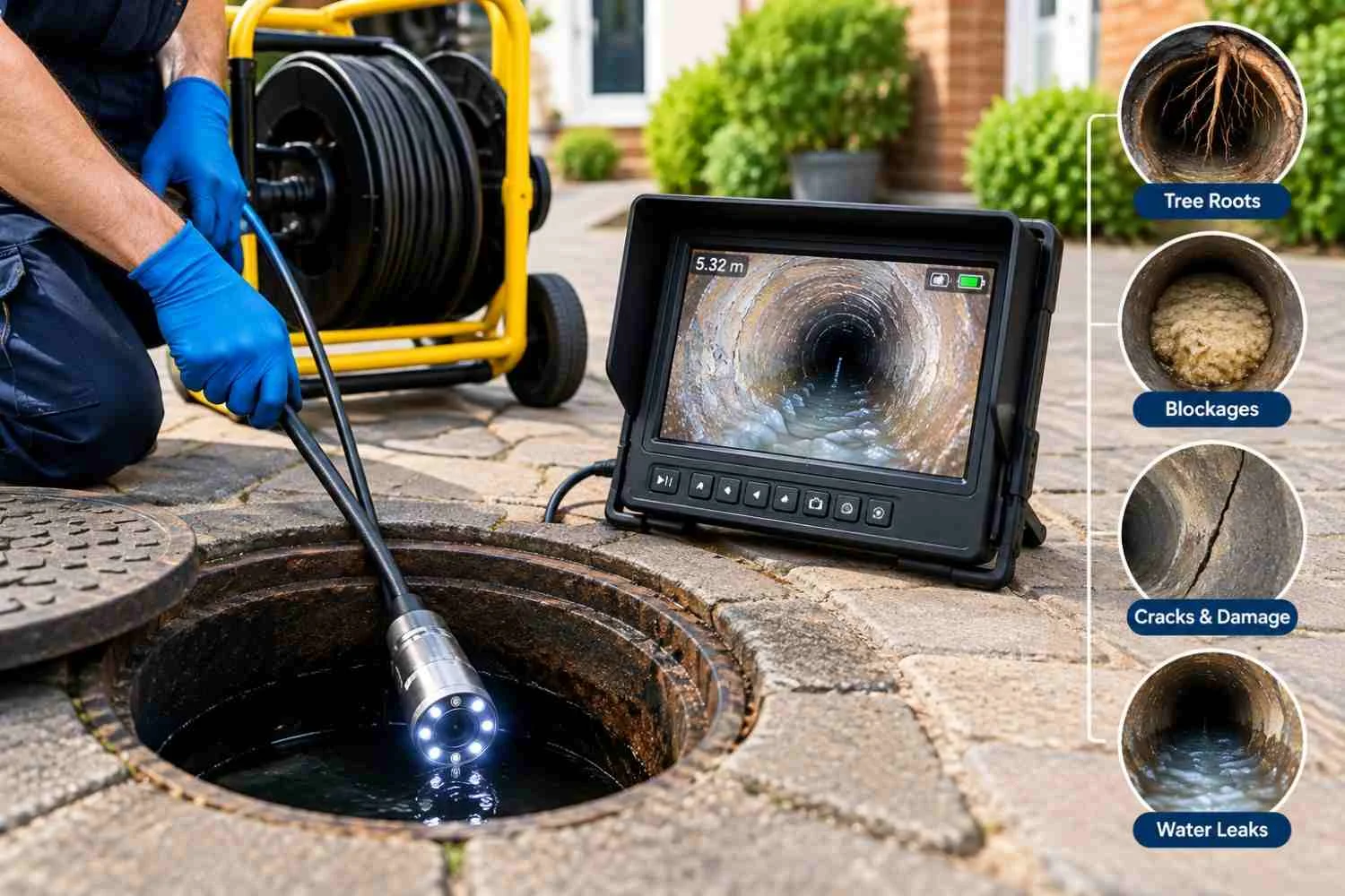 CCTV drain survey inspection showing a technician using a drain camera and monitor to identify tree root intrusion, pipe blockages, cracks and water leaks in underground drainage pipes.